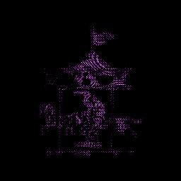 heavily distorted picture of a hand drawn carousel, two broken horses, in black and purple. Click for stories.